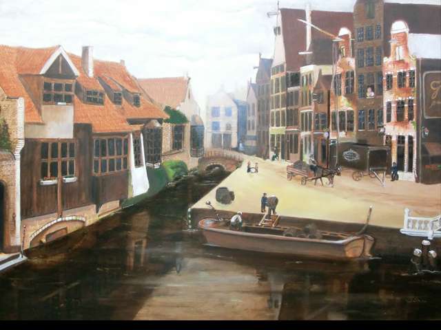 schilderij stadsgezicht Brugge en Amsterdam