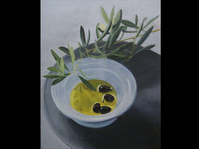 schilderij met witte kom met olijven